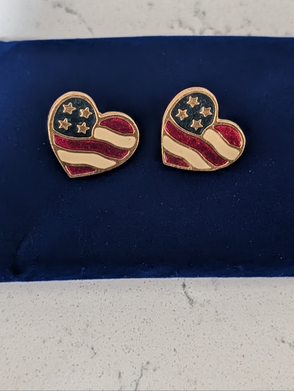 Vintage Avon 1990s Patriotic Heart Stud Earrings Red, White & Blue Enamel Color